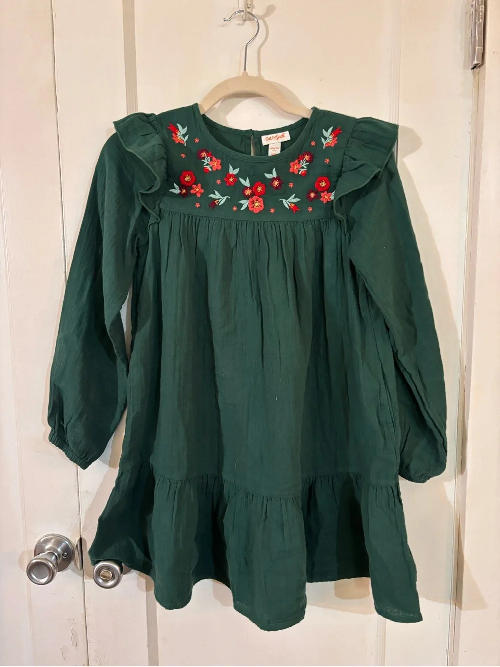 Cat & Jack Dark Green Embroidered Floral Ruffle Dress